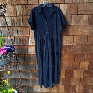 Tommy Hilfiger Collared Black Knit Short Sleeve Tiered Dress in Women's Large